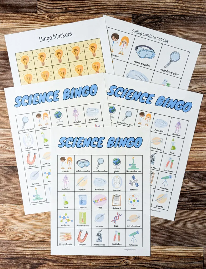 Several pages printed out from the science bingo set and fanned out on the table.