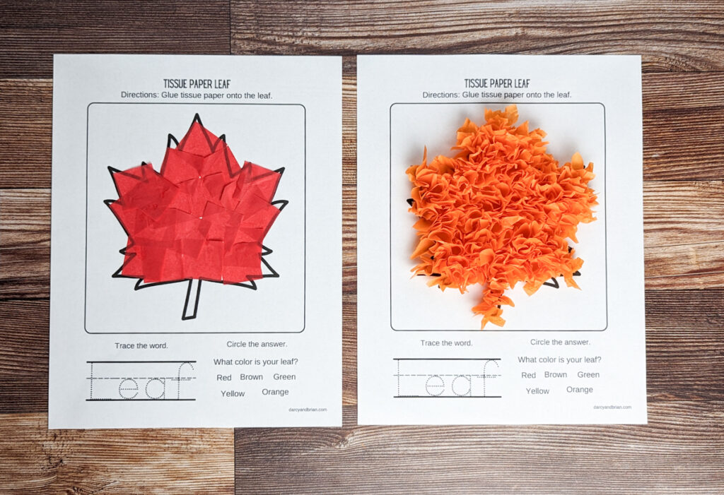 A flat red leaf and a puffy orange leaf made with tissue paper squares on a template laying side by side.