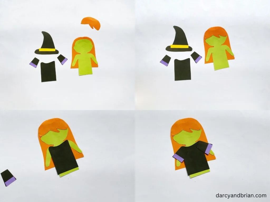 Collage of steps showing the witch's head being glued to her hair and adding her shirt and sleeves.