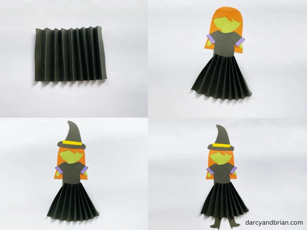 Collage of images showing four different steps of folding the skirt, adding it to the witch, adding her hat, and her finally her boots.