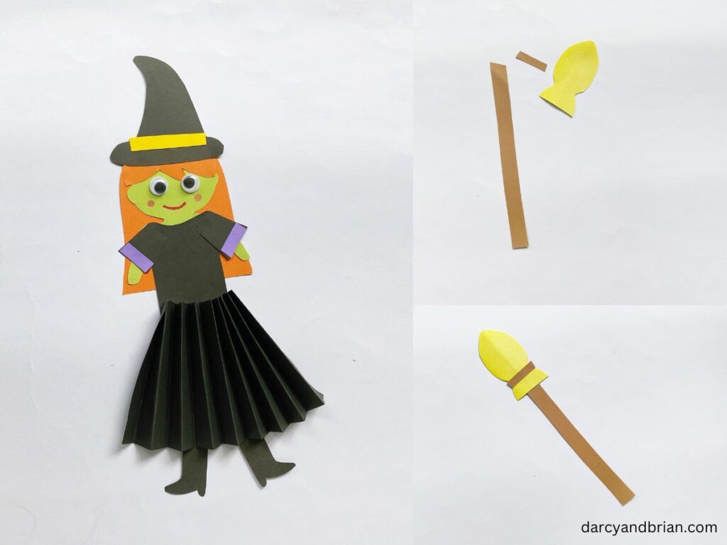 Completely assembled witch craft with a drawn on smile and googly eyes on the left. The right side shows two different steps: all the paper broom pieces and the broom assembled.