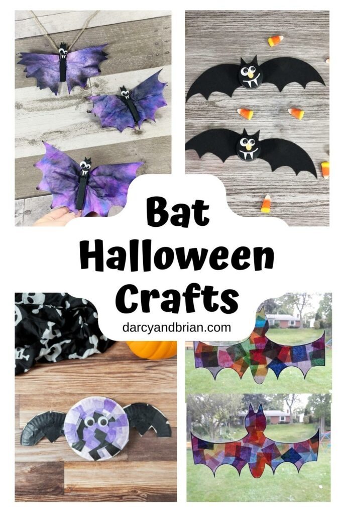 Collage of four different bat crafts on vertical image.
