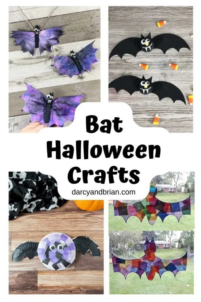 Collage of four different bat crafts on vertical image.
