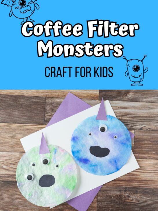 White and black text on bright blue background at top says Coffee Filter Monsters Craft for Kids. There are black outline monster images around the text. Below text is a photo of two different colored monsters made with coffee filters.