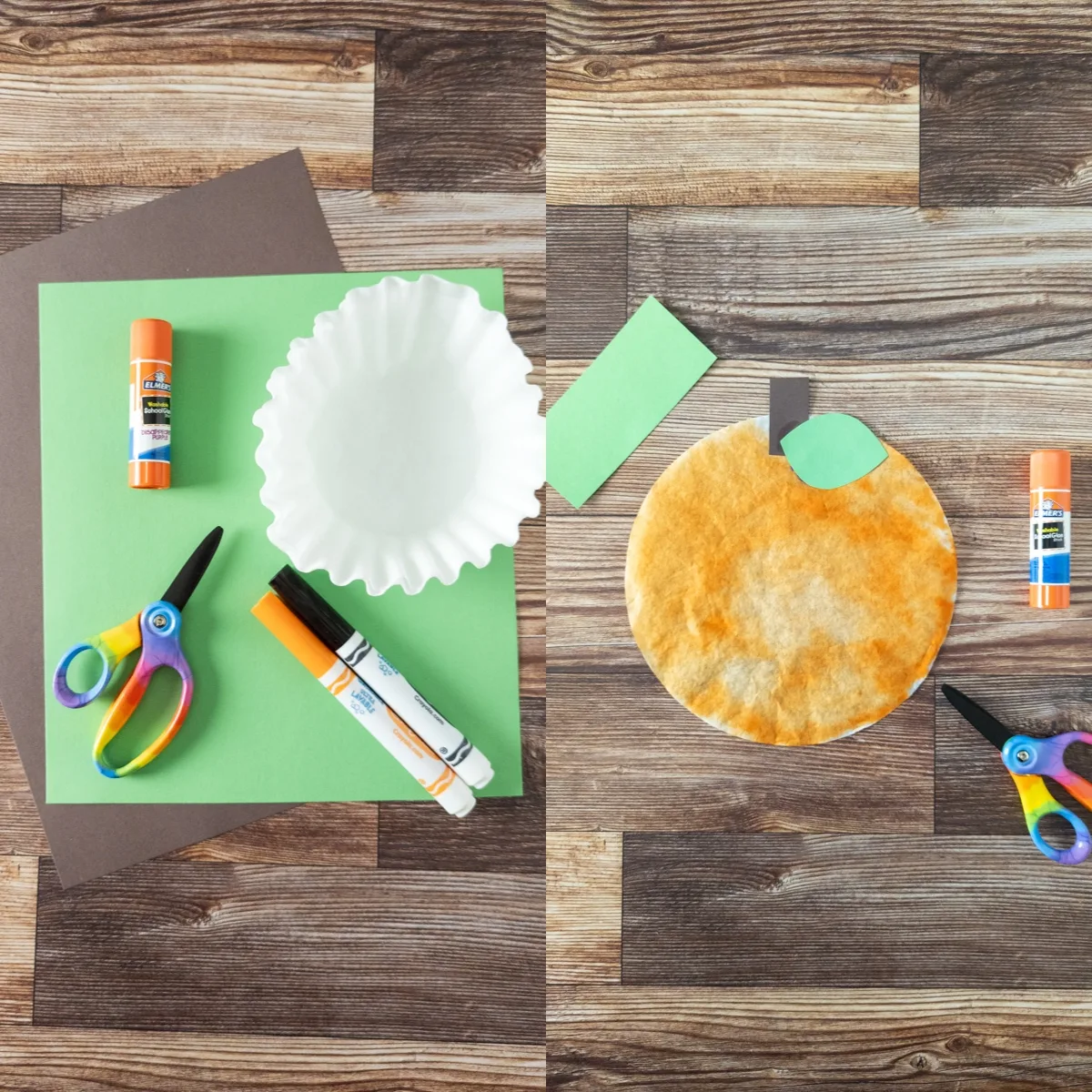 Side by side images of the craft supplies needed and the stem and leaf glued to the orange coffee filter.