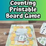 Top half says Dinosaur Counting Printable Board Game in white text on green gradient background. Bottom half is a picture of the board set up, dice on the side, and a few egg cards.