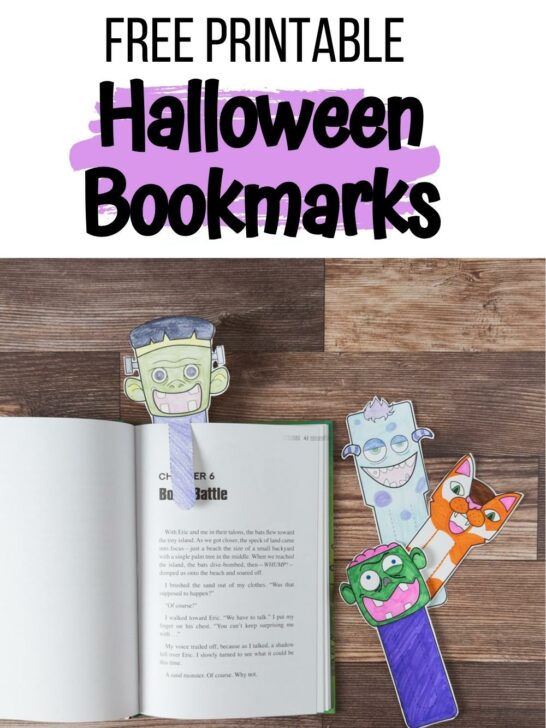 Black text at top says Free Printable Halloween Bookmarks. Photo below is of four colored in bookmarks cut out. One is inside an open book and three lay next to it.