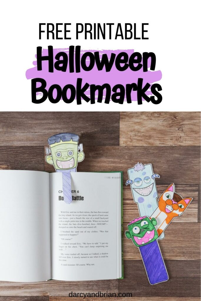 Black text at top says Free Printable Halloween Bookmarks. Photo below is of four colored in bookmarks cut out. One is inside an open book and three lay next to it.