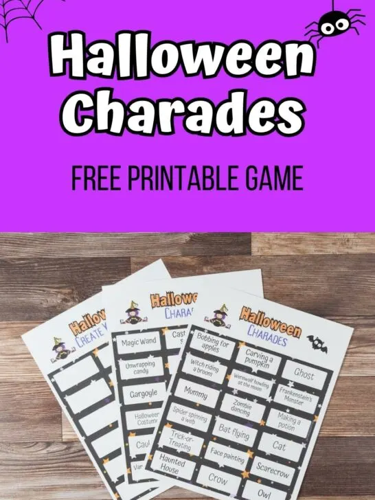 Top part of image has white and black text on a purple background that says Halloween Charades Free Printable Game. There is a spider and web decorating the top corners. Below that is a photo of the printable sheets printed and fanned out on a table.
