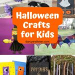 Halloween kids crafts collage with white text on orange in the middle that says Halloween Crafts for Kids.