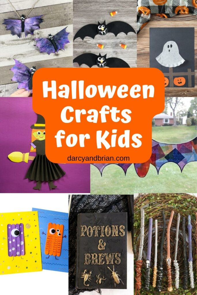 Halloween kids crafts collage with white text on orange in the middle that says Halloween Crafts for Kids.