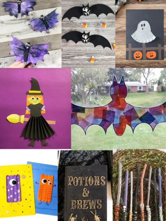 Collage image of eight different Halloween crafts for kids.