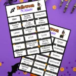 Digital preview of two pages of Halloween Pictionary words on a purple background with bats and skeletons on it.