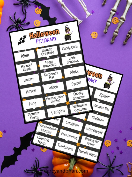 Digital preview of two pages of Halloween Pictionary words on a purple background with bats and skeletons on it.