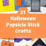 Collage of five different Halloween themed crafts made using popsicle sticks.