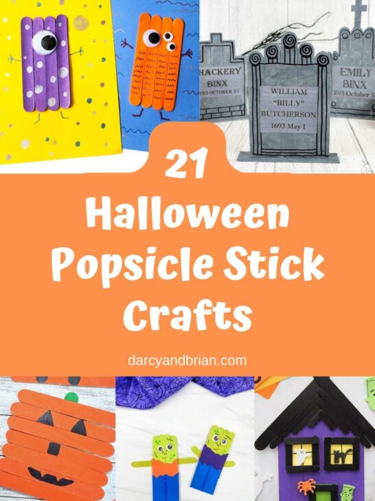 Collage of five different Halloween themed crafts made using popsicle sticks.