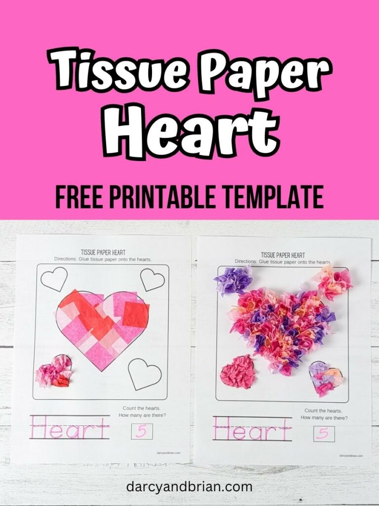 Black and white text on a bright pink background at the top says Tissue Paper Heart Free Printable Template. Underneath text is a picture of two tissue paper heart crafts made with different colors and styles laying next to each other.