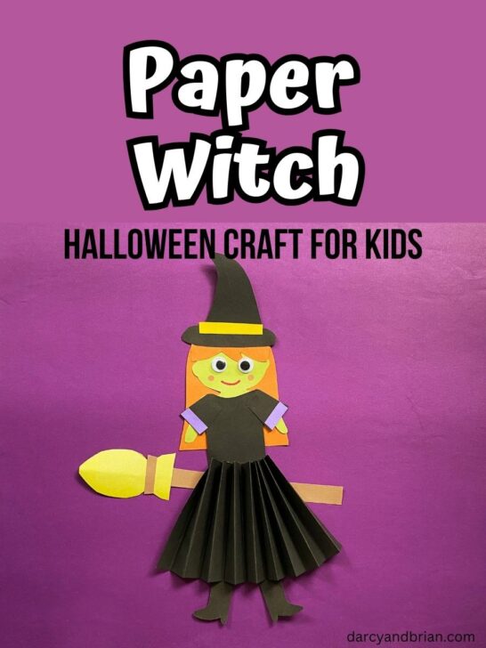 White text on purple background at the top says Paper Witch. Black text underneath that says Halloween Craft for Kids. A picture of a witch sitting on a broom all made from construction paper.