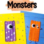 Black text at the top with a light orange brush stroke says Popsicle Stick Monsters. Two different monster crafts glued to card stock lay overlapping each other.