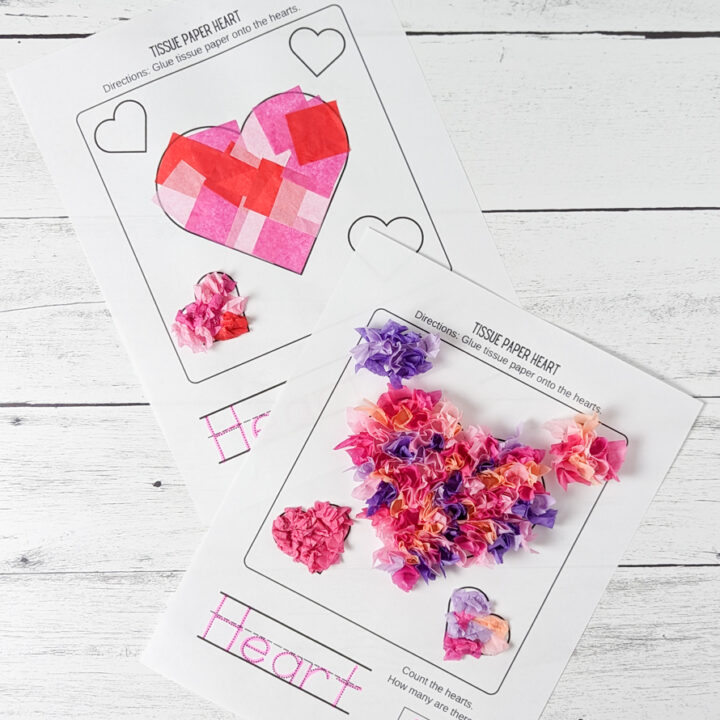 Two heart templates with a variety of pinks and purples glues to them. One has crumpled pieces and the other flat pieces giving them different texture looks.