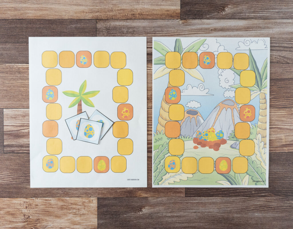 Two dinosaur counting printable board games side by side. One has a full color image background.