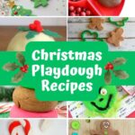 Collage of eight different Christmas scented and colored playdough recipes.