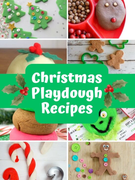 Collage of eight different Christmas scented and colored playdough recipes.