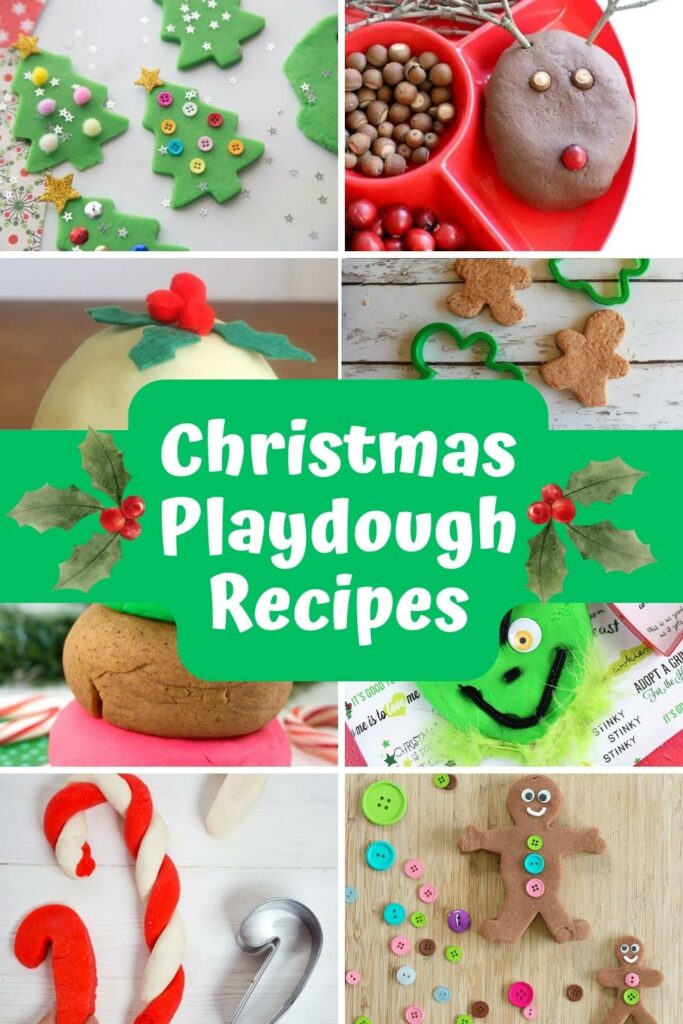 Collage of eight different Christmas scented and colored playdough recipes.