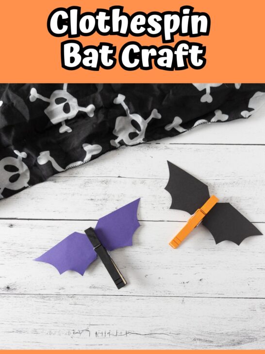 White text on light orange background at top says Clothespin Bat Craft. Two completed bats: one is black with purple wings and one is orange with black wings.