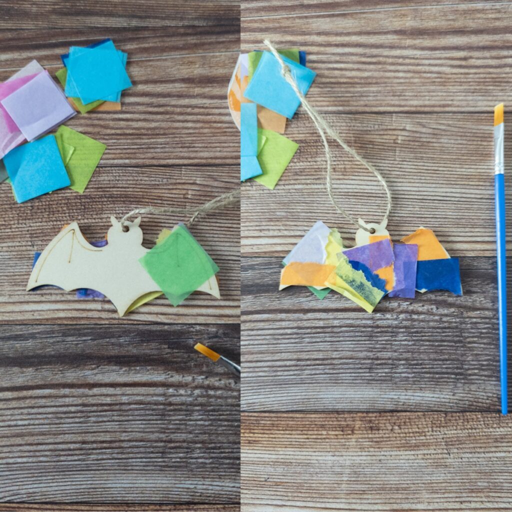 Side by side showing tissue paper being glued to cover bat shape.