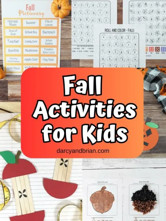 Image collage of five different fall themed crafts and activities. Middle of image has white text overlay on red orange gradient background that says Fall Activities for Kids.