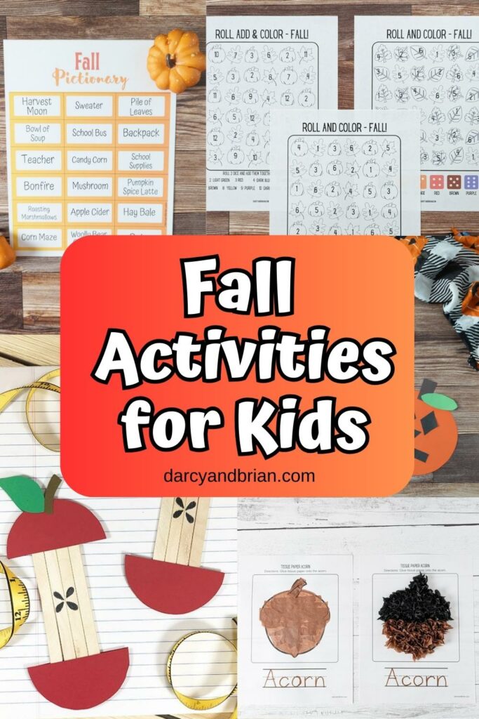 Image collage of five different fall themed crafts and activities. Middle of image has white text overlay on red orange gradient background that says Fall Activities for Kids.