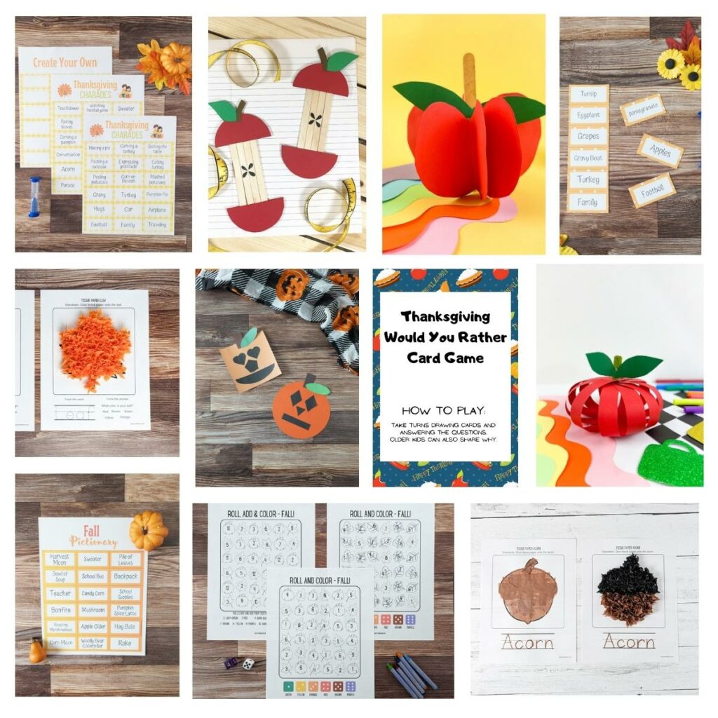 Square image collage of 11 different fall activities for children. Includes printable games and fall themed crafts like leaves, apples, acorns, and pumpkins.