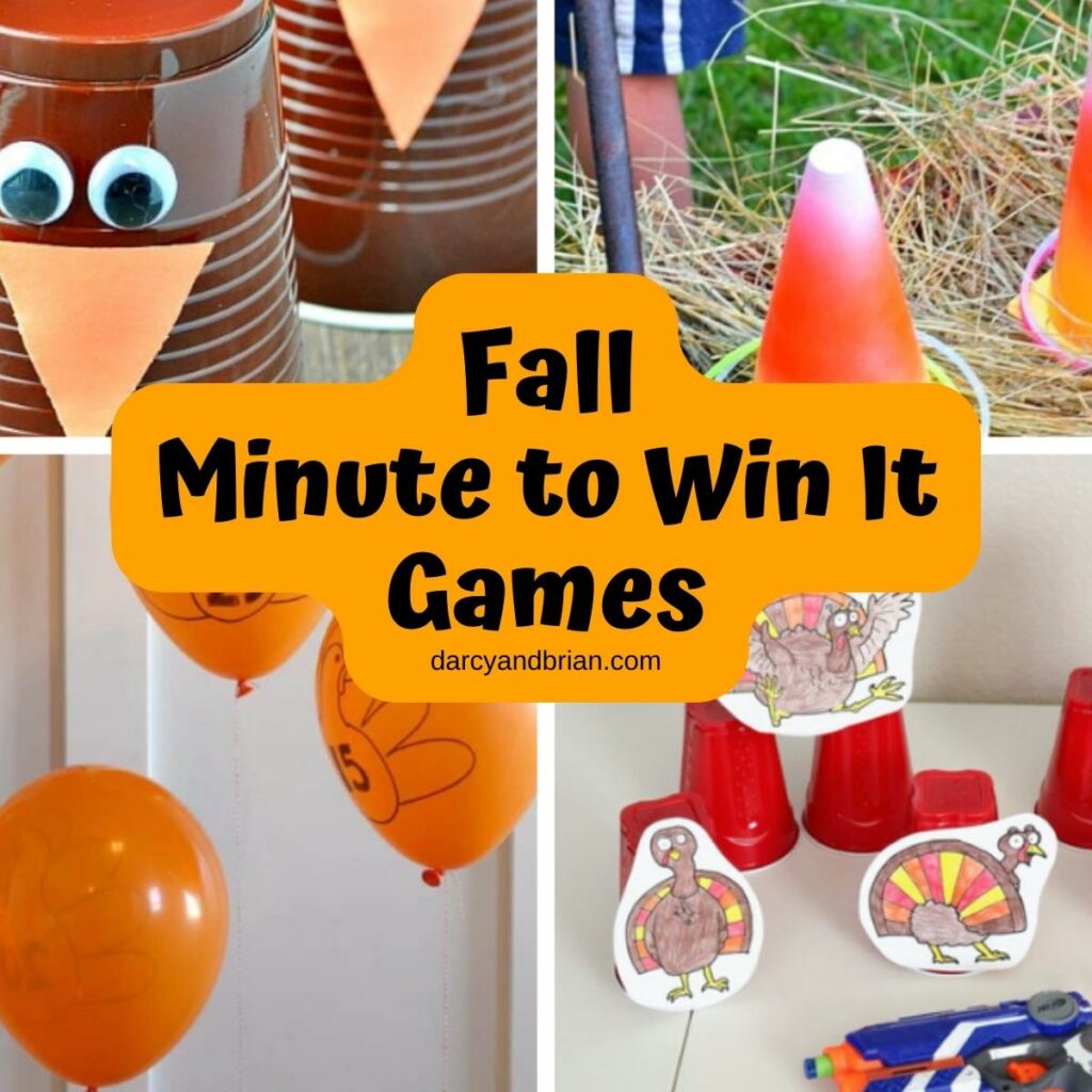 Four pictures of different Fall Minute to Win It Games to play that feature turkeys and candy corn.
