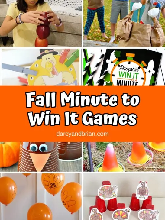 Collage of eight different fall themed Minute to Win It style games for kids and families.