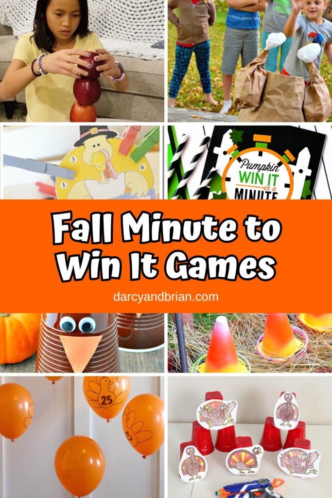 Collage of eight different fall themed Minute to Win It style games for kids and families.