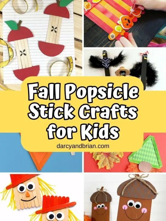 Collage of seven different fall themed popsicle stick crafts. Middle of image has text overlay on yellow background that says Fall Popsicle Stick Crafts for Kids.