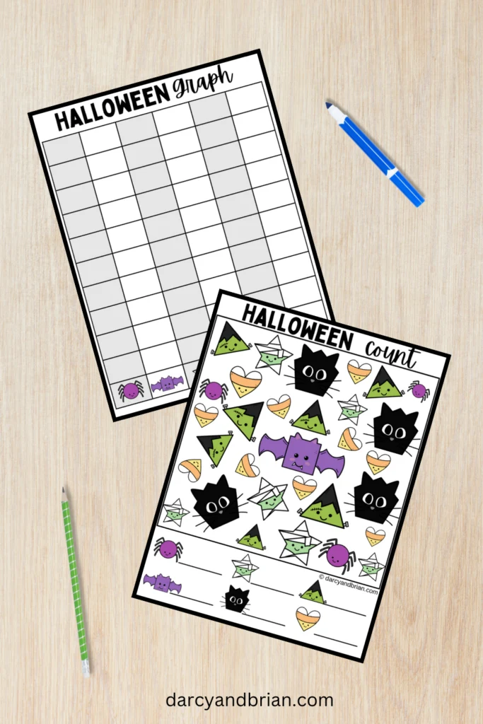 Digital preview of two pages for the Halloween count and graph activity. Halloween themed items in different shapes in full color to be counted and recorded.