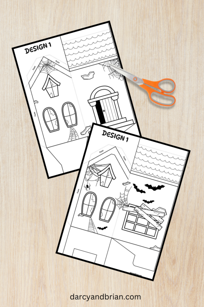 Digital preview of two pages for one Halloween haunted house treat box design.