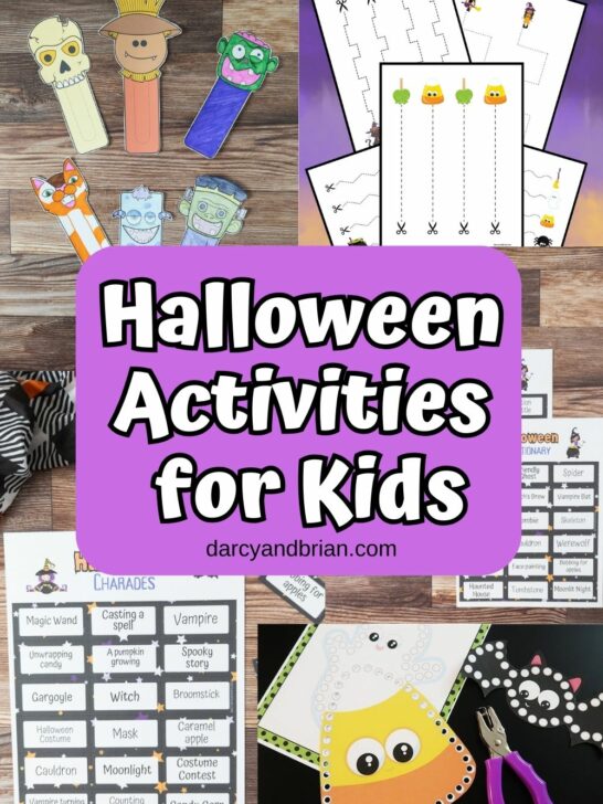Collage of five different printable Halloween activities for kids. White text with black outline on a light purple background in the middle of the image says Halloween Activities for Kids.