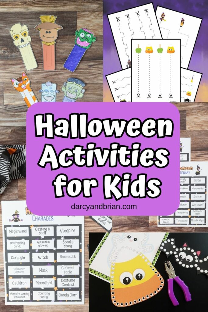 Collage of five different printable Halloween activities for kids. White text with black outline on a light purple background in the middle of the image says Halloween Activities for Kids.