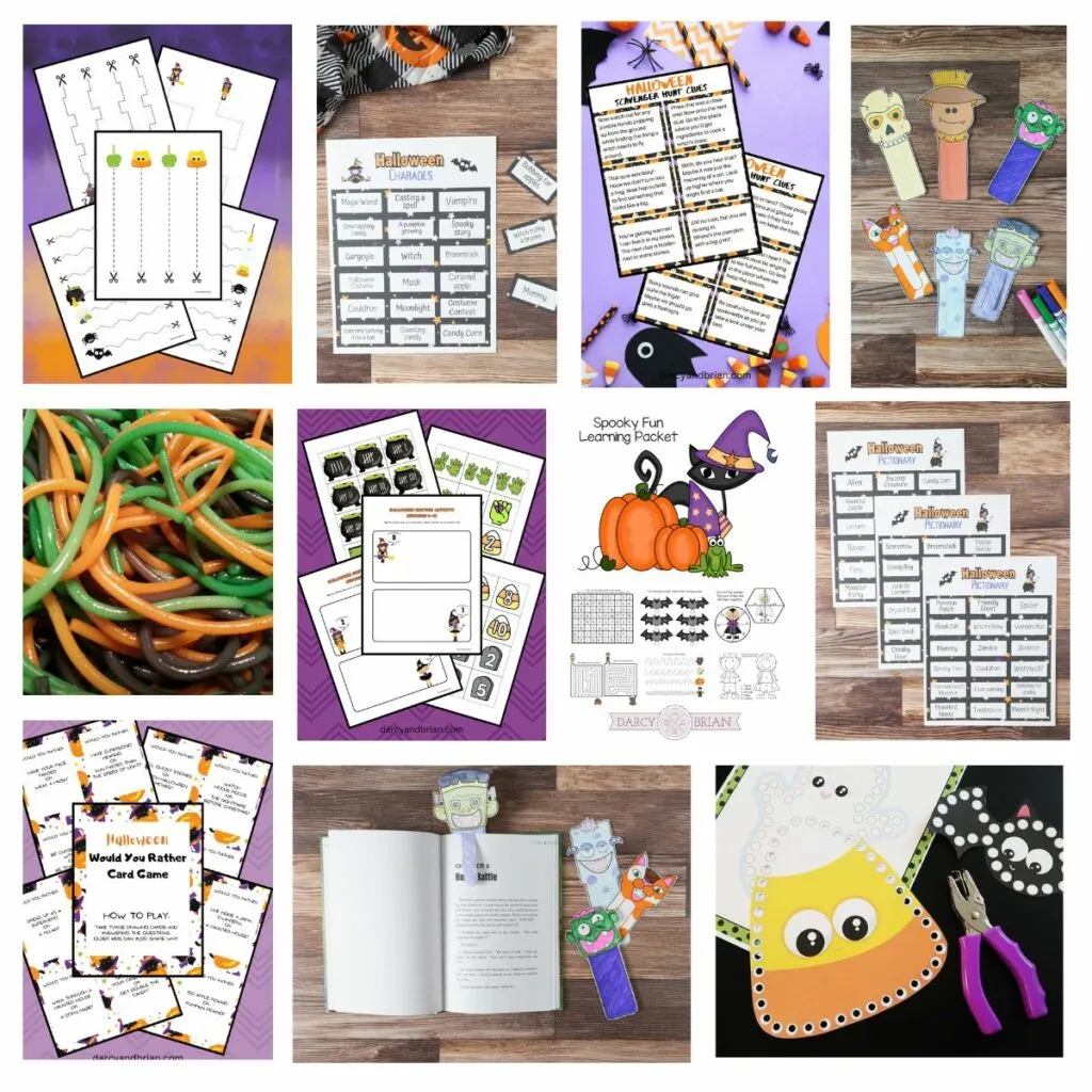 Collage of 10 different Halloween themed activities for kids. Includes cutting pages, bookmarks, charades cards, lacing cards, and spaghetti noodles in Halloween colors.