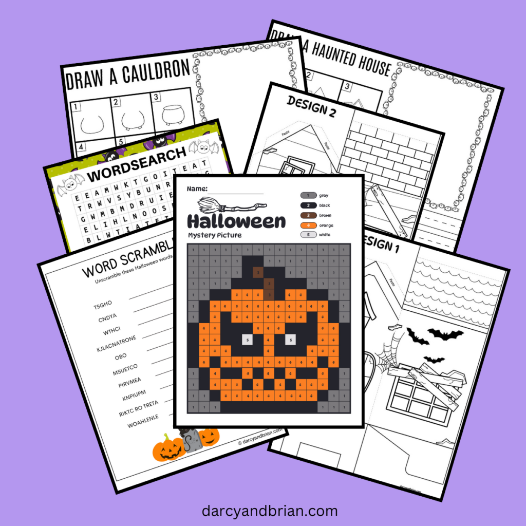 Digital mockup of seven Halloween themed activity pages fanned out on a light purple background. 