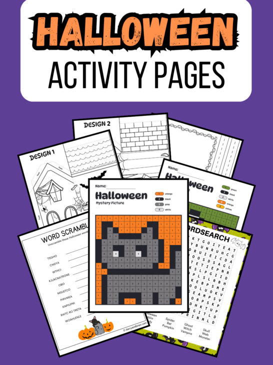 Orange and black text on white rectangle at top of image says Halloween Activity Pages. Below that is a digital preview of several of the pages fanned out on a dark purple background.