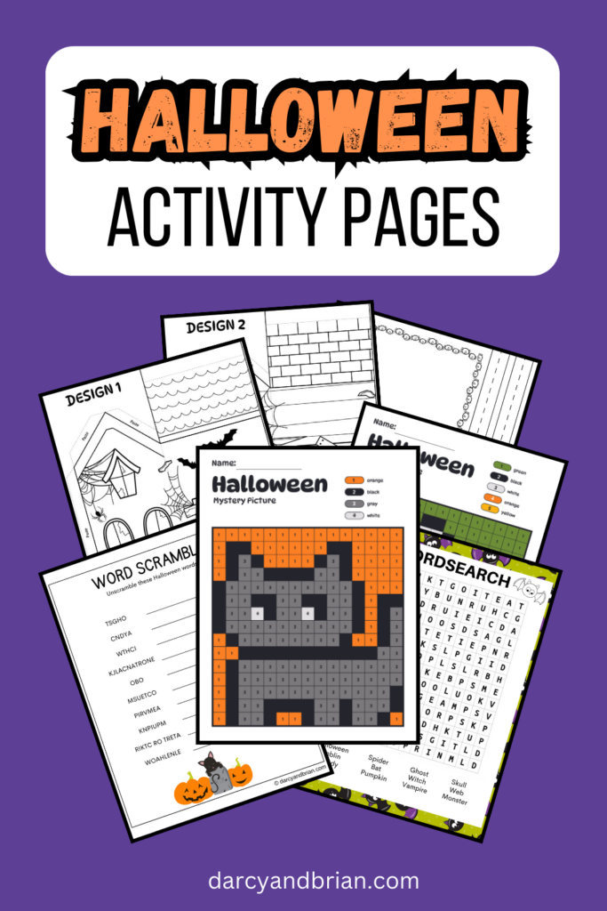 Orange and black text on white rectangle at top of image says Halloween Activity Pages. Below that is a digital preview of several of the pages fanned out on a dark purple background.