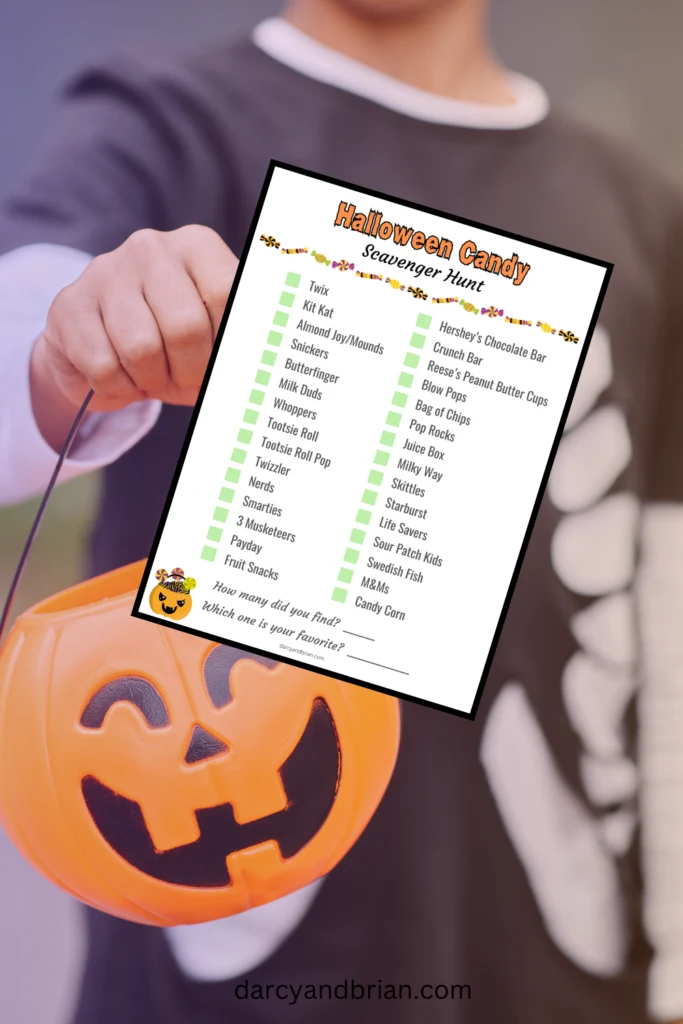 Preview of Halloween candy printable checklist on background of child holding out pumpkin candy bucket.
