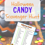 Digital preview of printable on a background with a jack-o-lantern candy bucket and assorted candy scattered on table. Orange and purple text near the top says Hallowen Candy Scavenger Hunt.