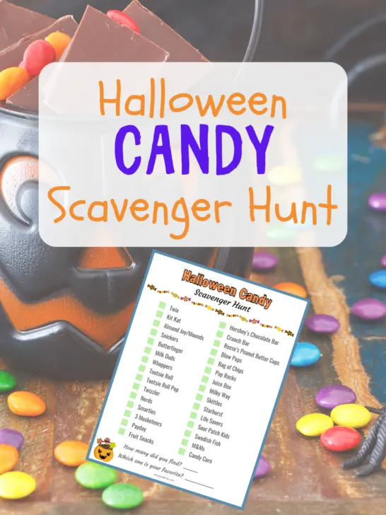 Digital preview of printable on a background with a jack-o-lantern candy bucket and assorted candy scattered on table. Orange and purple text near the top says Hallowen Candy Scavenger Hunt.