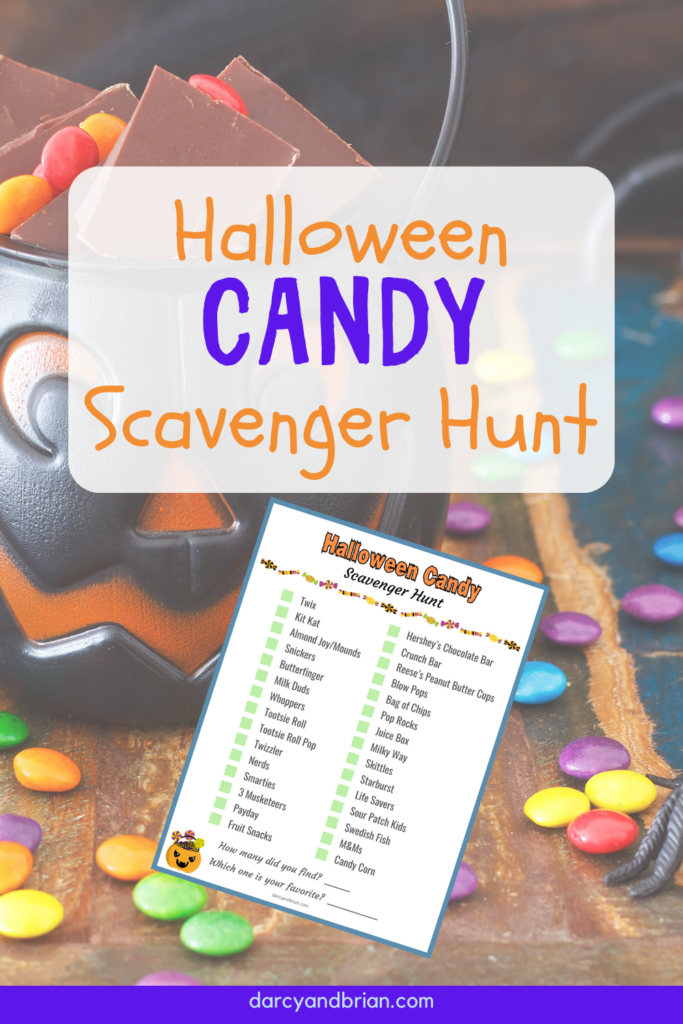 Digital preview of printable on a background with a jack-o-lantern candy bucket and assorted candy scattered on table. Orange and purple text near the top says Hallowen Candy Scavenger Hunt.