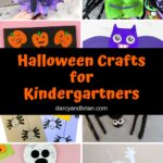 Collage image of eight different Halloween craft projects. Middle has orange text on black background that says Halloween Crafts for Kindergartners